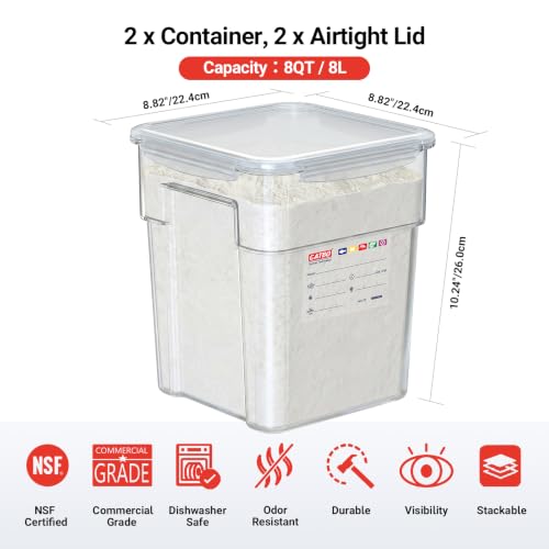 2 Pack 8 QT Polycarbonate Commercial Food Storage Containers with Airtight Lids, Clear, Stackable Ingredient Food Storage Containers for Flour, Sugar, Rice, and Food Prep, 2 Markers Included - size: 2 X 8.0(QT)