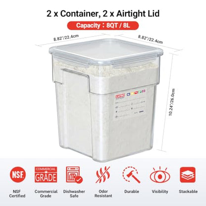 2 Pack 8 QT Polycarbonate Commercial Food Storage Containers with Airtight Lids, Clear, Stackable Ingredient Food Storage Containers for Flour, Sugar, Rice, and Food Prep, 2 Markers Included - size: 2 X 8.0(QT)