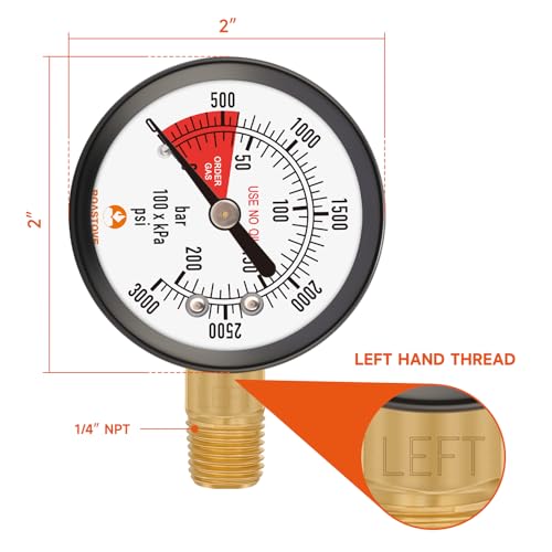 2" Pressure Gauge for CO2 Beer keg Regulator,Regulator Gauge,0-3000psi,Left Hand Thread, with 2 Additional Sealing gaskets and Hose Clamps - size: LF hand,3000psi