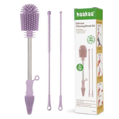 haakaa Silicone Cleaning Brush Kit - Baby Bottle Brush Cleaner for Breast Pump,Nipple,Breast Milk Storage Bag,Reusable Straw,Sippy Cup - Food Grade Silicone Bristles, Portable - 3 Pcs - Lavender - color: Lavender, size: 3 Piece Set