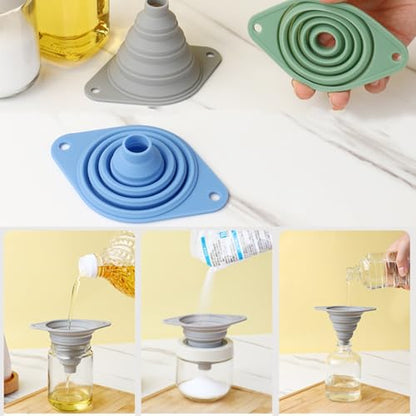 Kitchen Funnel Set 3 Pack, Food Grade Silicone Collapsible Small Funnels for Kitchen, Space-Saving Foldable Funnels for Filling Bottles, Oil, Liquid, Powder (Green) - color: Green