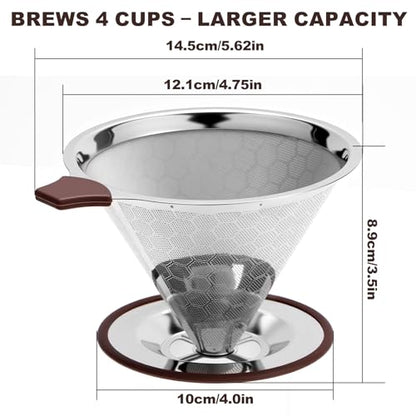 Pour Over Coffee Dripper, Stainless Steel Coffee Filter, Paperless Reusable Coffee Filter, Metal 600 Mesh Strainer Coffee Maker Single Cup Brewer (1-4 Cups) - size: 1-4 Cups