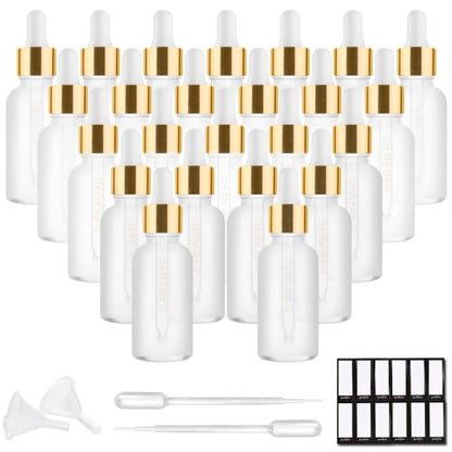 PrettyCare 1oz Glass Dropper Bottle Set of 24, Thick Rose Frosted Glass Bottles Empty with Leakproof Caps, Labels, Funnels - 30ml Eye Dropper Bottles for Storage, Travel, Essential Oils, Tincture - color: 1oz Rose Frosted, style: 24 Pack
