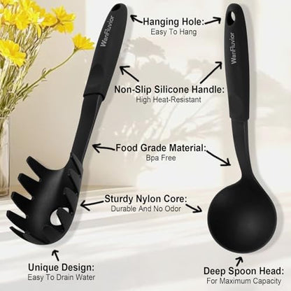 Pasta Fork and Soup Ladle Set, High Heat Resistant Spaghetti Strainer and Ladle Spoon, BPA Free Kitchen Utensils for Cooking, Stirring, Serving Pasta, Soup & Sauce