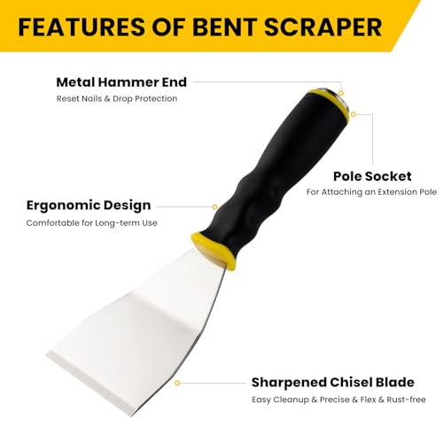 Mister Rui 3" Bent Scraper, Heavy Duty Paint Scraper Tool with Pole Socket Hammer End, Stainless Steel Bent Blade with Anti Slip Rubber Handle, Curved Floor Scraper for Cleaning, Removing, Repairing - color: Yellow