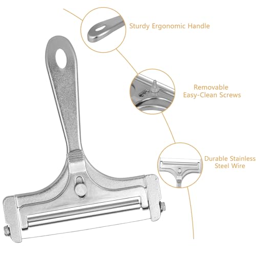 Cheese Slicer, Stainless Steel Cheese Cutter with 4 Extra Replacement Wires, Adjustable Handheld Cheese Slicers Cutters for Block Cheese Cheddar Gruyere Mozzarella, Kitchen Slicing Tools