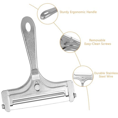 Cheese Slicer, Stainless Steel Cheese Cutter with 4 Extra Replacement Wires, Adjustable Handheld Cheese Slicers Cutters for Block Cheese Cheddar Gruyere Mozzarella, Kitchen Slicing Tools