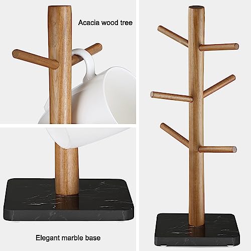 Buruis Wood Mug Holder, Marble Base Cup Rack Tree, Kitchen Coffee Mug Tree Countertop Tea Cups Holder Stand, Coffee Cup Dryer with 6 Hooks (Black) - color: Square base Black
