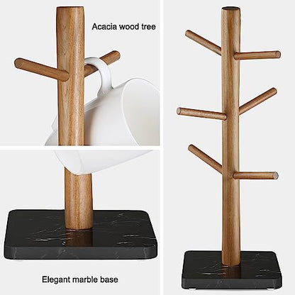 Buruis Wood Mug Holder, Marble Base Cup Rack Tree, Kitchen Coffee Mug Tree Countertop Tea Cups Holder Stand, Coffee Cup Dryer with 6 Hooks (Black) - color: Square base Black