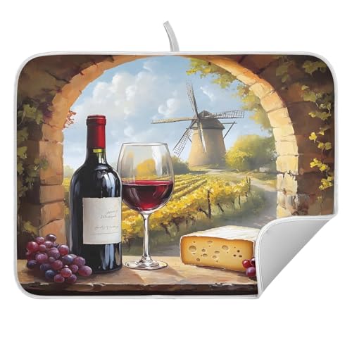 Red Wine Glasses with Grape Cheese Dish Drying Mats for Kitchen Counter, 18x24 inch Drying Dishes Absorbent Microfiber Dish Drainer Mat Rack Pad Fast Dry - size: 18x24in