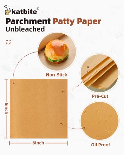 Katbite 300Pcs 6x6 Inches Patty Paper, Burger Patty Paper, Unbleached Parchment Sheets, Heavy Duty & Non-Stick, Squares for Seperating Patty, Cookies, Storing Foods Wrapping Candies - color: 6"x6"-300