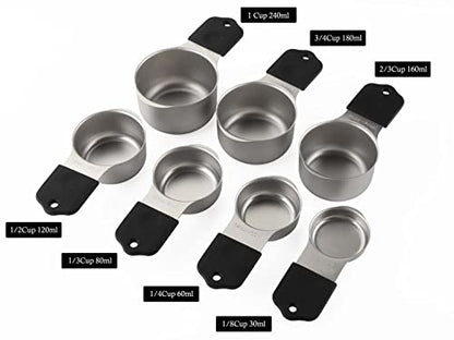 Magnetic Measuring Cups and Spoons Set Including 7 Stainless Steel Stackable Measuring Cup 8 Double Sided Magnetic Measuring Spoons with 1 Leveler for Dry and Liquid Ingredients (black) - color: Black