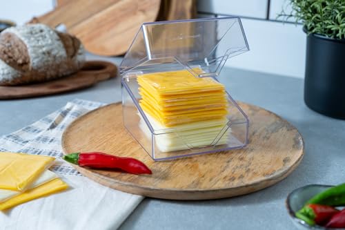 Pikanty American Cheese Slice Container for Refrigerator - Large Clear Plastic Holder Fits 24 Kraft or Sargento Singles, Sliced Cheese Keeper with Hinged Lid, Dishwasher Safe, Made in USA - style: Sliced Cheese Container