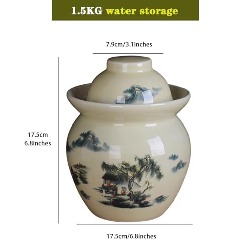 Classical Pastoral Ink Painting Kimchi Jar, Pickling Crock with Plastic Sealed Inner Lid, Ceramic Traditional Fermentation Tank, Decorative Storage Container(1.5kg) - size: 1.5kg