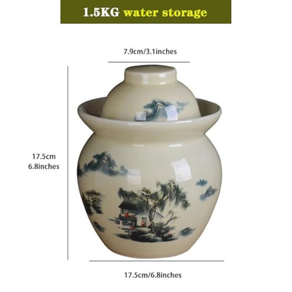 Classical Pastoral Ink Painting Kimchi Jar, Pickling Crock with Plastic Sealed Inner Lid, Ceramic Traditional Fermentation Tank, Decorative Storage Container(1.5kg) - size: 1.5kg
