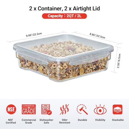 2 Pack 2 QT Commercial Airtight Food Storage Containers, Clear Polycarbonate Kitchen Ingredient Storage Containers, Stackable Food Prep Containers for Spices, Seasonings, Nuts, Shallow Model - size: 2 X 2.0(QT)-Shallow