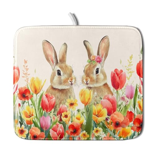 Easter Bunny Dish Drying Mat 16x18 inch Spring Floral Drying Pad Holiday Absorbent Microfiber Dishes Drainer Protector for Kitchen Counter - color: Bunny Floral, size: 16" x 18"