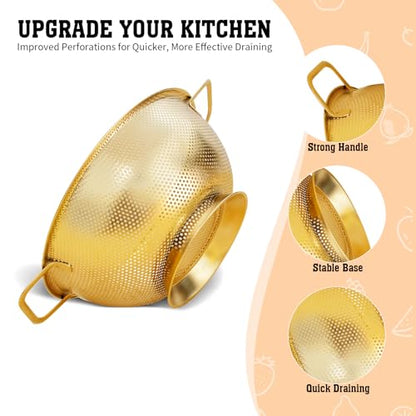 3 Pcs Stainless Steel Gold Colander and 3 Pcs Fine Mesh Strainer Set,1/3/5 Quart Metal Mesh Basket with Handles for Kitchen, Draining Pasta, Rinsing Fruit, and Cooking (Gold)