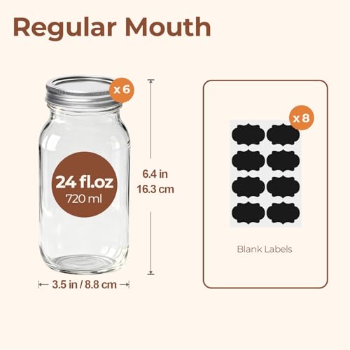 ComSaf 24 oz Mason Jars Regular Mouth 6 Pcs, Large Canning Jars with Seal Bands, 24 oz Glass Jar with Lid for Jams, Sauces, Juice, Coffee, Pickling, Fruit, Dessert, Kitchen Storage - size: 24oz regular mouth 6PCS