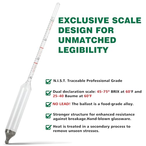 Maple Syrup Hydrometer Test Cup Kit - Maple Syrup Density Kit, Baume and Brix Scale, Stainless Steel Maple Syrup Kit with Cleaning Brush - Calibrated to Create Pure Maple Syrup