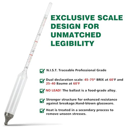 Maple Syrup Hydrometer Test Cup Kit - Maple Syrup Density Kit, Baume and Brix Scale, Stainless Steel Maple Syrup Kit with Cleaning Brush - Calibrated to Create Pure Maple Syrup