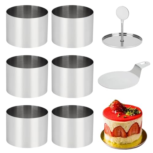 6 Pack Cake Ring Molds with 1 Pusher 1 Lifter, 3 Inch Seamless Mini Cheese Cake Cutter Ring Set, Stainless Steel Mini Food Mold for Mousse, Food Plating, Cookies, Baking (Round) - color: Round