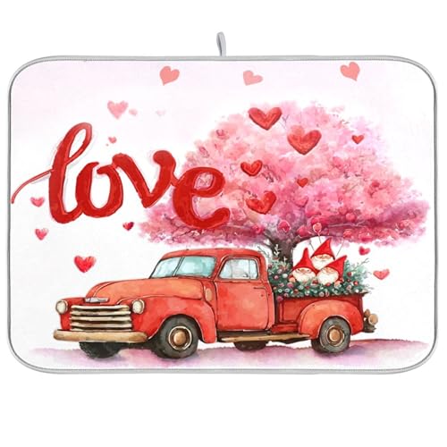Valentine’s Day Love Tree Dish Drying Mat for Kitchen Countertop 18x24 Happy Valentines Day Gnomes White Large Drying Mat Reusable Quick Dry Dish Sink Mats Easy Clean Decorative Essentials - size: 18x24(in)x1