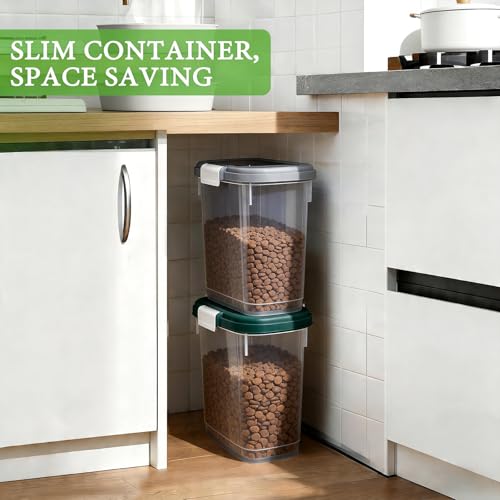 Gray White Airtight Dog Cat Food Storage Container 10 Lbs - Slim Tall Pet Food Treat Container with Lid, Scoop and Cup - Clear Plastic Dry Food Storage Bin for Dogs, Cats, Bird Seeds, Kibble, Pellets - color: Gray White