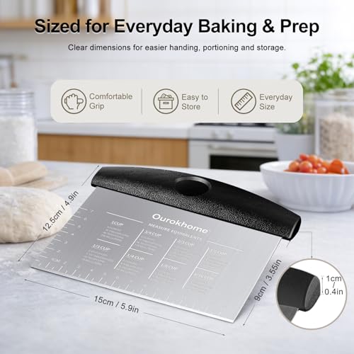 Ourokhome 2 Pack Bench Scraper Dough Cutter, Stainless Steel Dough Scraper with Laser-Etched Scale, Conversion Chart, Non-Slip Handle, Dishwasher Safe for Bread & Pastry, Black - color: Black