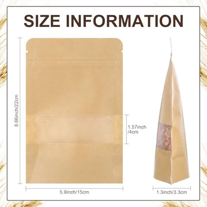 Geosar 800 Pcs Stand up Kraft Pouches with Window 6 x 9 Inch Kraft Paper Sealable Pouches with Notch Heat Sealable Resealable Bags for Small Business, Zipper Food Storage for Packaging, Snacks - size: 6 x 9 Inch
