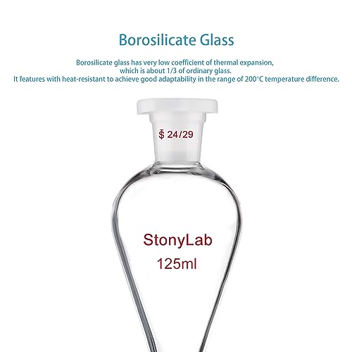 stonylab Separatory Funnel with Glass Stopcock Valve, Borosilicate Glass 24/29 Joint Funnel for Laboratory Accurate Liquid Separation, 125 ml