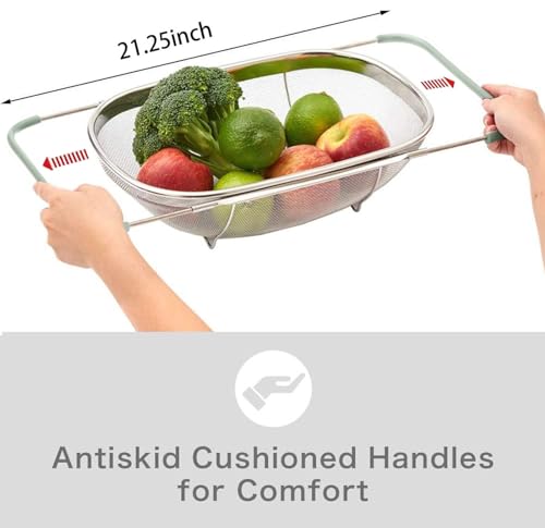 AJIODA Over The Sink Colander, 6 Quarts Stainless Steel Oval Colander with Expandable Rubber Grip Handle, Fine Mesh Strainer Baskets Kitchen Colanders for Strain, Drain, Rinse Vegetables, Mint Green - color: Mint Green, size: Large