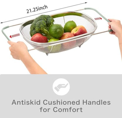 AJIODA Over The Sink Colander, 6 Quarts Stainless Steel Oval Colander with Expandable Rubber Grip Handle, Fine Mesh Strainer Baskets Kitchen Colanders for Strain, Drain, Rinse Vegetables, Mint Green - color: Mint Green, size: Large