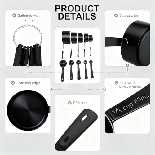 Bopei Measuring Cups and Spoons Set, Titanium-Plated Matte Black Stainless Steel 10 Piece for Cooking and Baking (5 Cups + 5 Spoons All Black) - color: All Black