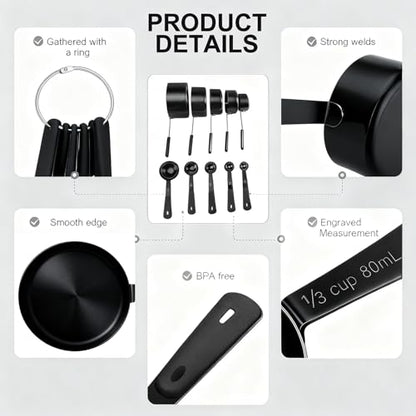 Bopei Measuring Cups and Spoons Set, Titanium-Plated Matte Black Stainless Steel 10 Piece for Cooking and Baking (5 Cups + 5 Spoons All Black) - color: All Black