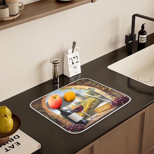 Red Wine Glasses with Grape Cheese Dish Drying Mats for Kitchen Counter, 18x24 inch Drying Dishes Absorbent Microfiber Dish Drainer Mat Rack Pad Fast Dry - size: 18x24in