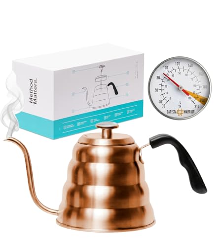 Barista Warrior Gooseneck Kettle with Thermometer - 1.2L Pour Over Coffee & Tea Kettle, Copper Coated Stainless Steel Gooseneck Kettle Pot, Precision Pour Drip Spout, Suitable for All-Stoves (40 floz) - color: Copper Coated Stainless Steel, size: 1.2L