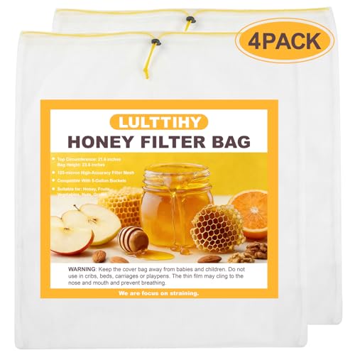 Honey Strainer for 5 Gallon Bucket - 4 Pack Fine Mesh Filter Bags with Adjustable Drawstring - Reusable Beekeeping Straining Bags for Honey, Jelly, and Food Grade Filtering