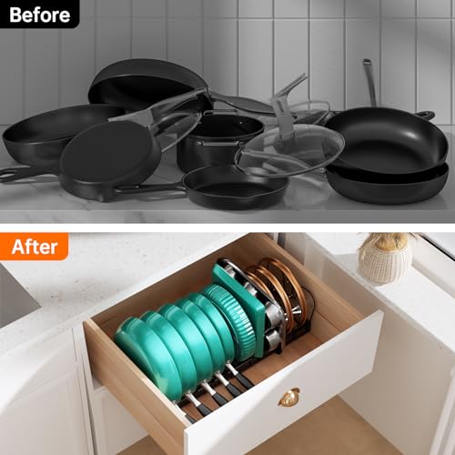 MUDEELA Pot and Pan Organizer Rack for under Cabinet, Expandable 11.81''-22.85'' Pot Lid Kitchen Cabinet Organizer Holder with 12 Adjustable Compartment Cutting Board Organizer for Pan Lid, Bakeware - style: 12 Dividers-Black