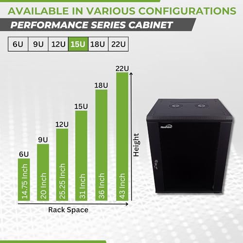 NavePoint 15U Server Cabinet Wall Mount Rack Enclosure with Caster Wheels, Includes 2 Fans, Locking Glass Door, Removable Side Panels – 15U Network Cabinet 17.7” Deep, 19”Server Rack for IT Equipment - size: 15U - 450mm Depth