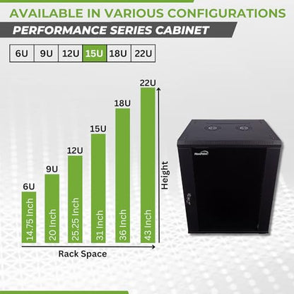 NavePoint 15U Server Cabinet Wall Mount Rack Enclosure with Caster Wheels, Includes 2 Fans, Locking Glass Door, Removable Side Panels – 15U Network Cabinet 17.7” Deep, 19”Server Rack for IT Equipment - size: 15U - 450mm Depth