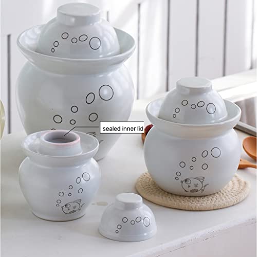 ZHOUXIAO White Traditional Chinese Ceramic Fermentation Crock Jar Pickling Jar with Water Seal Airlock Lid,Large Thickened Ceramic Pickle Jar Kimchi Pot Storage Containers 0.6KG