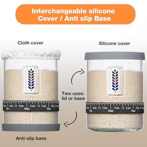 Premium Pro Sourdough Starter Jar Kit - 40oz Large Wide Mouth Sourdough Bread Jar with Marked Feeding Band, Thermometer, Scraper, Cloth Cover and Silicone Lid/Base, Glass Container, Baking Supplies