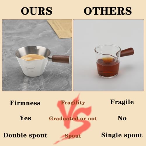 Mongdio Espresso Measuring Cup, Stainless Steel Espresso Shot Cups with Wooden Handle and Double Spouts, 3.4OZ/100ML, Silver - color: Silver, size: 3.4oz
