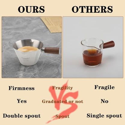 Mongdio Espresso Measuring Cup, Stainless Steel Espresso Shot Cups with Wooden Handle and Double Spouts, 3.4OZ/100ML, Silver - color: Silver, size: 3.4oz