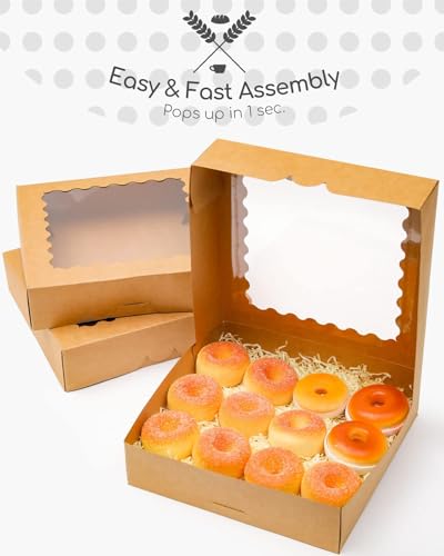qiqee Auto-pop Up Brown Pie Boxes with Window 10x10x2.5 inch 20Packs Cookie Donut Bakery Box - color: Brown, size: 10"x10"x2.5"/20 Pcs