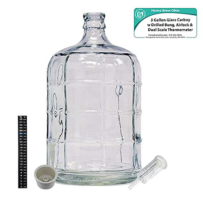 Home Brew Ohio 3 Gallon Glass Carboy with Drilled Bung, Three-Piece Airlock and Dual Scale Thermometer