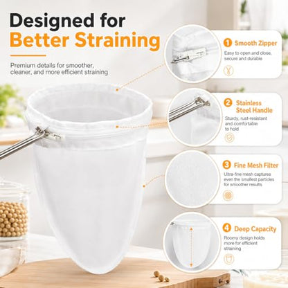 RAINFLOW Ultra Fine Mesh Strainer Bags - 3 Pcs Nut Milk Bag Reusable, Cheese Cloth Bag for Straining, Fine Mesh Strainer for Milk, Coffee, Juice, Yogurt, Stainless Steel Handle, Kitchen Filter Bags