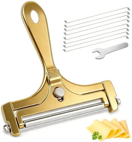 Cheese Slicer, AIDOIT Stainless Steel Wire Cheese Slicer, Adjustable Thickness Cheese Cutter with 8 Extra Wires for Soft, Semi-hard, Hard Cheeses, Gold - color: Gold
