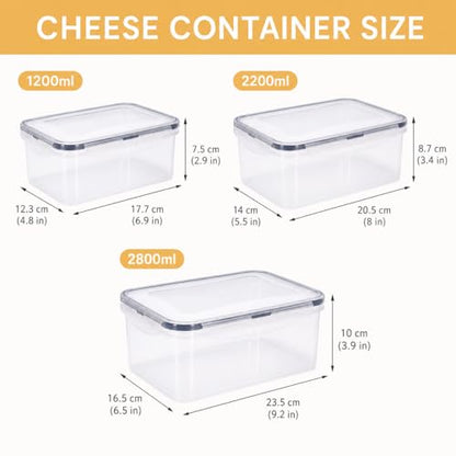 3 Pack Cheese Container for Refrigerator,Cream Cheese Slice Block Holder Airtight Lid,BPA-Free Lunch Meat Storage Container for Fridge,Dishwasher Safe,Shredded,Grated,Cheddar Cheeses Box